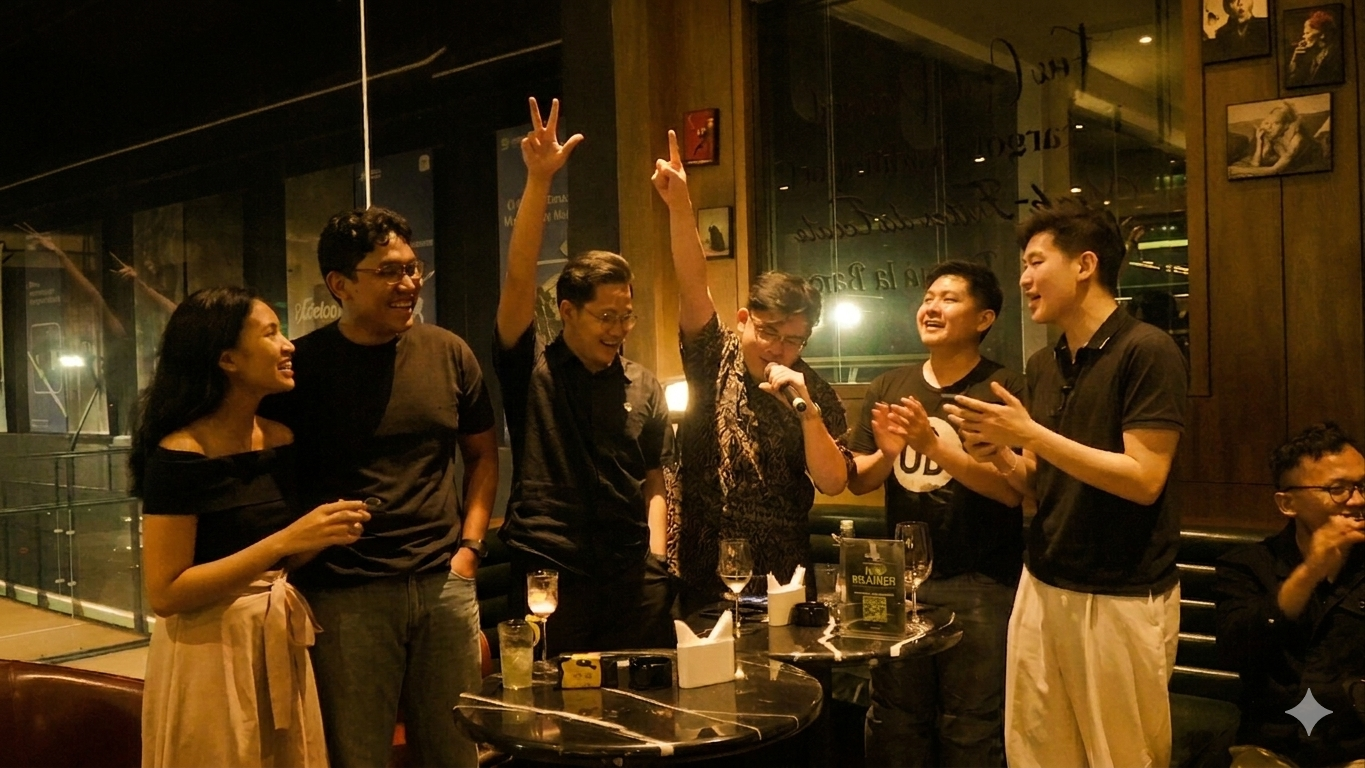 A team celebrating with the trophy at an ARC trivia night
